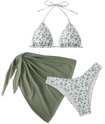 GORGLITTER Bikiniset för kvinnor, 3-delat bikiniset med blommönster, halterneck, baddräkt med cover up kjol, baddräktsset, Grön, M