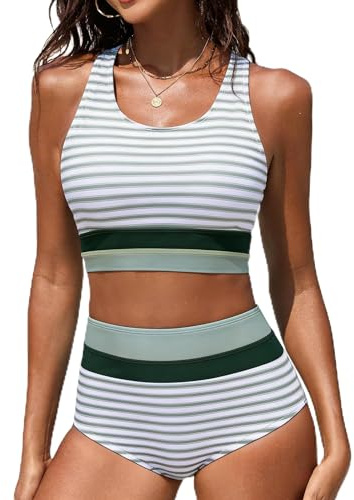 Dipinon Women's High Waisted Bikini Sets Two Piece Swimsuit Color Block Sporty Athletic Scoop Neck Bathing Suits (Green Stripes,L)