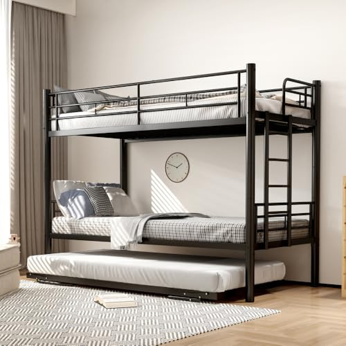 Vepssder Lit superposé 3 Places en métal 90x200cm,lit Mezzanine 2 Places escalier avec gigogne escamotable,lit Double Enfant avec Barriere,Extensible en Deux Simples ou Adulte,Noir