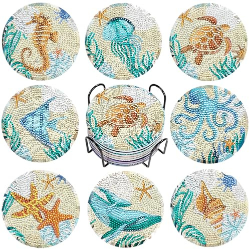 8 Piezas Posavasos para Bebidas con Soporte, Posavasos de Pintura de Diamantes 5D, para Decoración de la Vida en el Hogar e Bebidas de Bar, como Actividades Manuales, Tazas,Manualidades Adultos