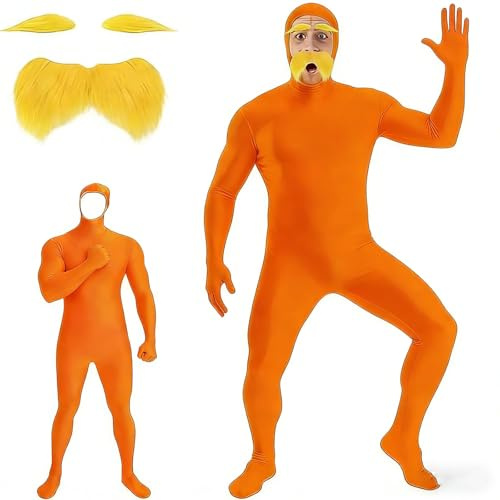 Déguisement Lorax, Costume Lorax, Déguisement Complet Orange pour Homme et Femme, Combinaison Intégrale Orange avec Barbe Jaune et Sourcils, Idéal pour Halloween, Carnaval et Fêtes à Thème (XL)