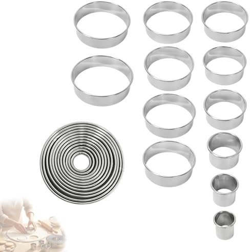 Juego de 12 piezas: cortador de galletas redondo de acero inoxidable, modelo compacto, molde redondo de pastelería, ideal para la preparación de donas, tartas, fondant y espuma