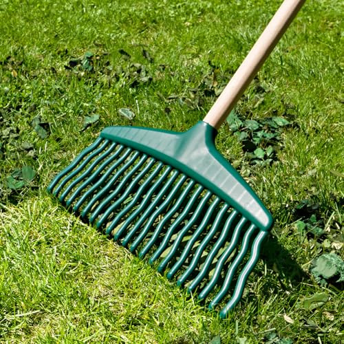 3 PAGEN Rastrillo de plástico verde – Accesorio ligero para rastrillar y rastrillar – Accesorio para escoba – Ideal para pequeñas ramas y hojas – 37 cm de ancho