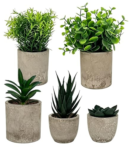 LEBOKJ Set de 5 Plantas Artificiales – Plantas Falsas Decorativas de Plástico Realistas con Macetas. Decoración para el hogar, salón, Dormitorio, Oficina y baño – Verde sin Mantenimiento