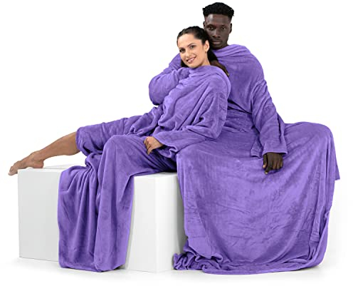 DecoKing Decke mit Ärmeln Geschenke für Frauen und Männer 150x180 cm Lila Microfaser TV Decke Kuscheldecke Weich Lazy