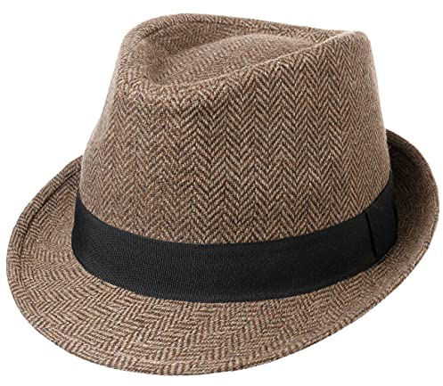 Lipodo Trilby Hut Herringbone Damen Herren Stoffhut Classic Ripsband Fischgratmuster Fedora Sommer Winter braun-beige M (57-58 cm)