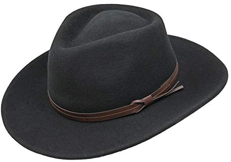 Hardy - Leichter Fedora Hut mit breiter Krempe und Lederband - 100% Wollfilz - Für die Reise knautschbar - Wasserabweisend - 54cm Schwarz