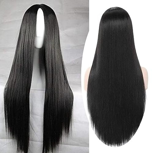 SOUTHSKY Largo Peluca Negro Recta Disfraz de fibra sintética resistente al calor para Fiesta Adultos Mujer disfraces de Halloween,cosplay, 75cm