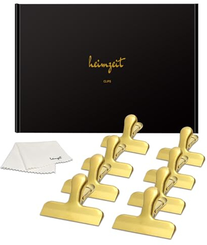 heimzeit Clips para Bolsas de Alimentos, Bolsas y Documentos hechos de Acero Inoxidable, Oro [8 Piezas, 77 x 20 x 30 mm] Pinzas de Colores, Fuerte Fuerza de Resorte