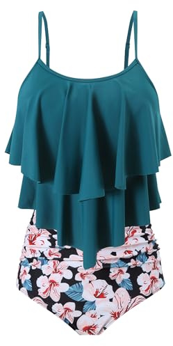 FLYILY Women Two Piece High Waisted Swimwear Tankin Sets Ruffle Ruched Bathing Suit Swimming Costume