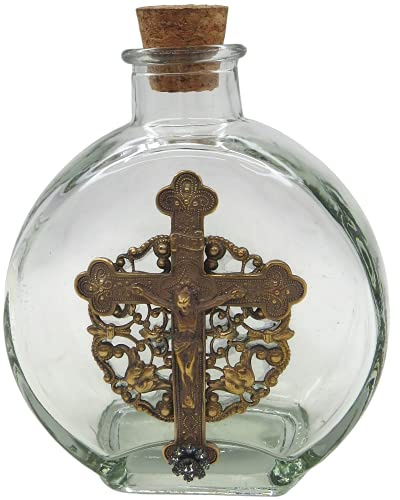 Needzo Large Glass Holy Water Home Glass Bottle, Vintage Inspired Crucifix Gold Tone Medal with Cork Top Closure, Catholic Home Blessing Housewarming Gift, 4.75 Inches