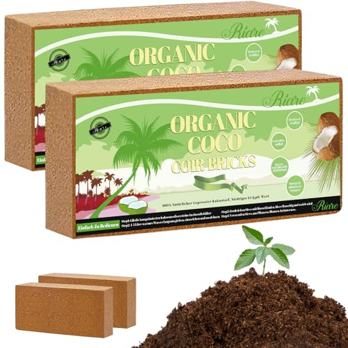 Riare Organisch Kokosfaser Natürlich Kokos Ziegel Gepresst Torffreie Erde für Zimmerpflanzen Balkonkästen Gartenbeete Orchideen Pflanzenerde (2 Pack)