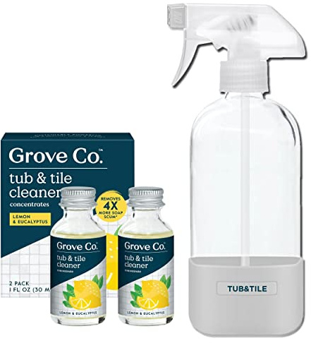 Grove Co. Tub and Tile Cleaner Refill Concentrate (2 x 1 Fl Oz) + 1 x Reusable Glass Spray Bottle (16 Oz) Plant-Based Cleaning Supplies Bundle, No Plastic Waste, Lemon & Eucalyptus Scent