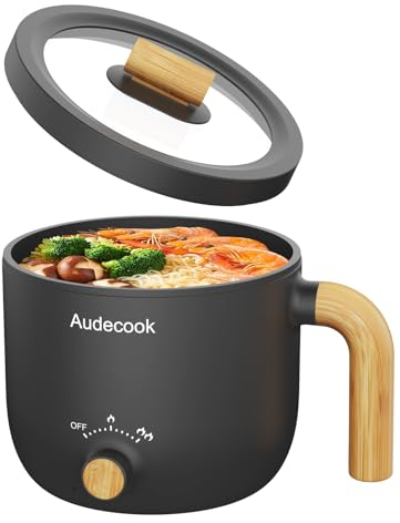 Audecook Elektrische Hot Pot, 1.5L Tragbare Mini Antihaft Multikocher, Schneller Ramen Kocher, Travel Electric Bratpfanne mit Duale Leistungssteuerung für Steak/Suppe/Ei/Hafer(Schwarz)