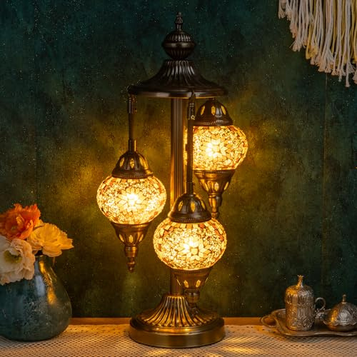 Marrakech Turkish Lamp 3 Globes Moroccan Table Lamp with Bronze Base, 23 Tall Handmade Yellow Tiffany Mosaic Glass Night Light Fixture Including LED Bulb for Living Room Bedroom Decor