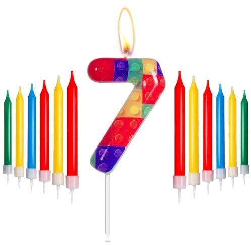 mciskin Candele di Compleanno con Mattoncini, Candele Numero 7 Rosse, Gialle, Verdi, Blu per Torta, Candele per Feste Pixel, Candele per Torta di Compleanno a Tema Mattoncini per Ragazzi Ragazze Decor