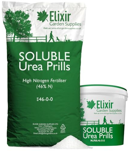 Elixir Gardens Urea Prills (46% Nitrogen) Water-Soluble Fast-Release Fertiliser, Feed & Top Dressing (N.P.K: 46-0-0) | Grass, Lawn & Turf, Shrub, Tree & Plant Foliage Boost | 5kg Tub