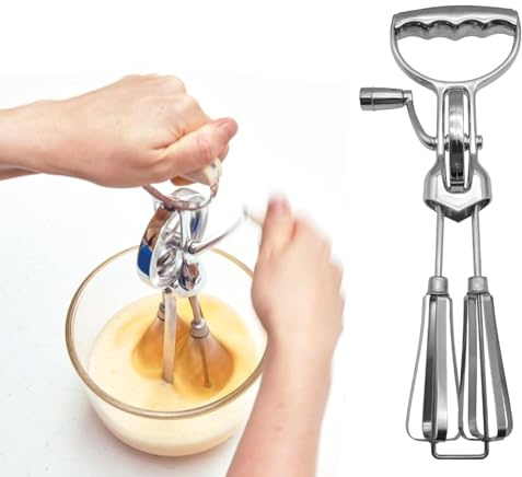 Wilitto Batidor manual de manivela de acero inoxidable, batidor de huevos giratorio de mano, batidor de huevos, batidor giratorio, batidor giratorio doble para cocinar pastelería, hornear plata