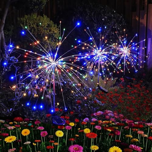 Hopelit Gartendeko Solar Gartenleuchte Außen, Solarlampen für Außen Garten 2 Stück 150 LED, Gartenlichter Solar Feuerwerk 8 Modi Wasserdicht Für Pathway Yard Blumenkästen Deko(Bunt)