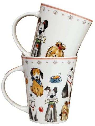 Darthome Set of 2 Puppy Crew Mugs Fine China 380ml Sitting Dogs Hot Drinks Coffee Cups