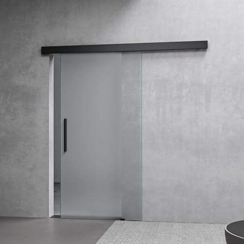 Mai & Mai Porta Scorrevole in Vetro 90x215cm, Porta Scorrevole con Sistema Softclose in Vetro Satinato 8mm con Binario e Maniglia Per Asta per Bagno Cucina Studio Ufficio, Nero, Amalfi-plus 14H