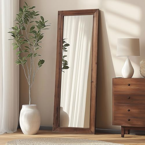 Farmhouse Standing Mirror Full Length, 64X21 Rustic Wood Frame Floor Mirror with Stand, Full Body Mirror for Bedroom Living Room Entryway, Hanging or Leaning Wall-Mounted, Tempered Glass, Brown