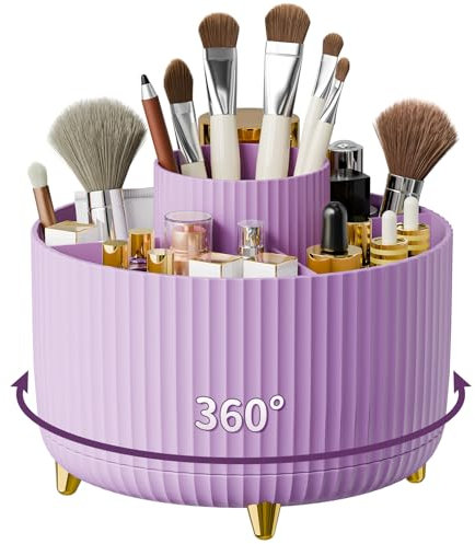 Restorgan 360°Rotating Pen Holder, Desk Organisers with 5 Compartments Pencil Organizer, Art Supply Storage Box Caddy for Home Office Supplies Desktop Tidying and Stationary Storage（Purple）