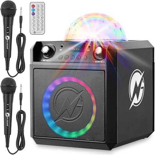N-GEAR Block Party 602 Partybox und Karaoke Maschine – 100 Watt, 6 Stunden Akku, Party Discokugel Licht, Bluetooth, USB/SD MP3, 2 Mikrofon – Musikbox & Karaoke Anlage mit 2 Mikrofonen