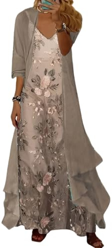 Akivide Womens's Casual 2 Piece Set Boho Floral Print Maxi Dress with Cardigan Flowy Chiffon Wedding Guest Dresses for Women