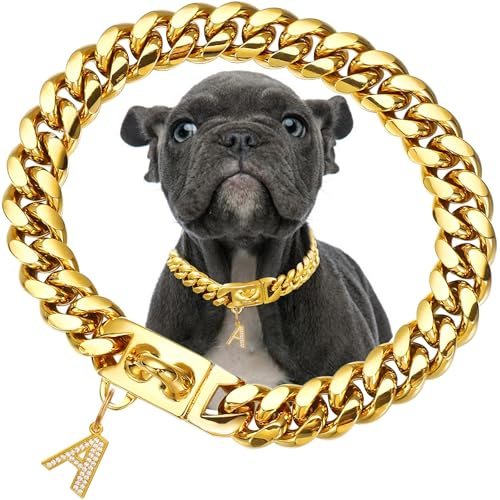 Chaîne pour chien dorée de 15 mm de large avec pendentif, chaînes de marche à maillons cubains en acier inoxydable plaqué or 18K, colliers solides et résistants à la mastication pour chiens de petite