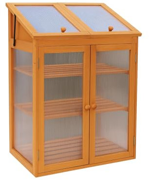 RANRHA 3 Tier Wooden Cold Frame Greenhouse with Adjustable Roof Vent – Compact Outdoor Mini Greenhouse with Shelves & Double Doors – 120x69x51cm Garden Plant Grow House