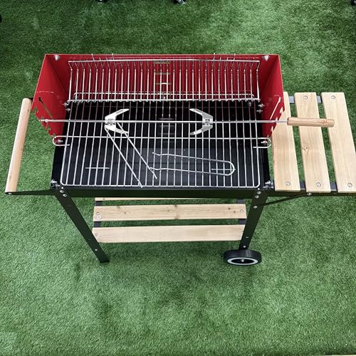 BBQ Kingdom Portable Charcoal BBQ Grill, Red and Black, Wheeled Stand with Wooden Side Shelf and Lower Storage Shelf, Adjustable Cooking Heights, Windshield, Outdoor Garden Barbecue