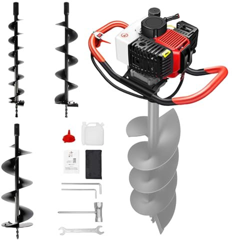199CC Post Hole Digger Gas Powered, 4 Stroke Earth Auger Post Hole Digger with 3 Drill Bits for Planting Tree & Fence Post, Portable Petrol Piledriver,8/10/12cm