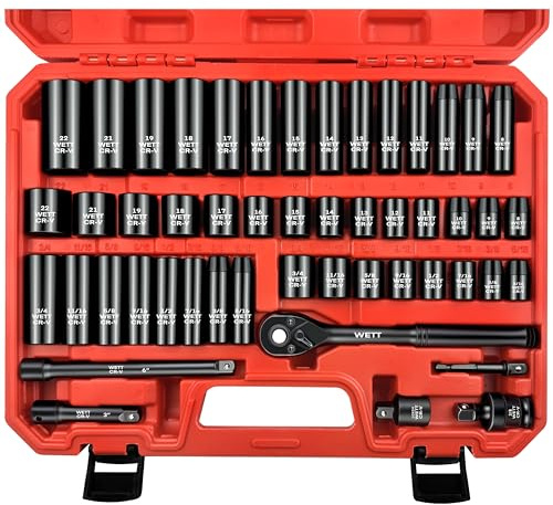 WETT 50Pcs 3/8 Drive Impact Socket Set, SAE/Metric, Deep/Shallow Sockets, with Adjustable Ratchet Handle, Extension Bar, Universal Joint, Adapter & Reducer, Cr-V Steel,(5/16-3/4, 8-22mm)