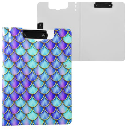 JUMBEAR Hermoso portapapeles colorido con escamas de sirena A4 con clips dobles, tablero plegable con cubierta, organizador personal ligero adecuado para hospital, oficina, escuela, negocios, aula