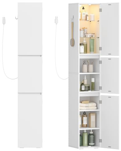 HEXCELEN Armoire de Salle de Bain Haute avec Éclairage, Meuble de Rangement avec Étagères en Verre Réglables, Trois Portes Réversibles, Pieds Antidérapants, Adaptée Aux Petits Espaces, Blanc