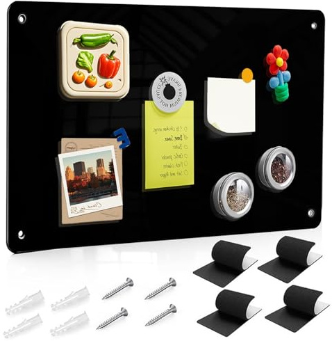 Pizarra magnética negra, de metal, grande, 42 x 30 cm, con adhesivos mágicos y tornillos para oficinas, pizarras magnéticas, cocina, notas y fotos