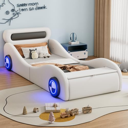 DACHETOU letto imbottito, letto a forma di auto, bianco 90x200cm, letto singolo, letto per bambini, letto per ragazzi, letto imbottito a forma di auto con ruote luminose e vano contenitore, PU, senza