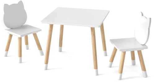 GYMAX Kids Table and Chair Set, Children Activity Table with 2 Chairs and Pine Wood Legs, 3PCS Wooden Toddler Furniture Set for Playing, Learning, Eating (White, Kitty Backrest)