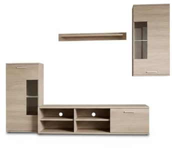 IBERA HOME Conjunto Muebles de Salón - 4 Piezas con Mueble TV, Vitrina, Estante y Módulo Alto - Diseño Moderno en Blanco o Sonoma - Melamina Resistente, Fácil Montaje (Madera Sonoma)