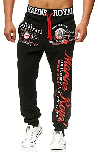 L.gonline Jogginghose Herren lang | Trainingshose Baumwolle | Sporthose mit Bündchen | Enger Beinabschluss | Marine 5258 (XL, Schwarz/Rot)
