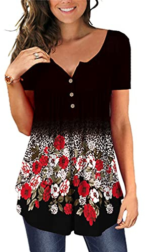 Imbry Womens Short Sleeve Tunics Henley Shirts Button up Ladies Blouse Casual Summer Tops
