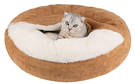 MICOOYO Hooded Dog Bed Small, Cozy Donut Dog Blanket Bed for Doggie, Claming Pet Caved Bed for Cats Puppies (Small, Wheat)