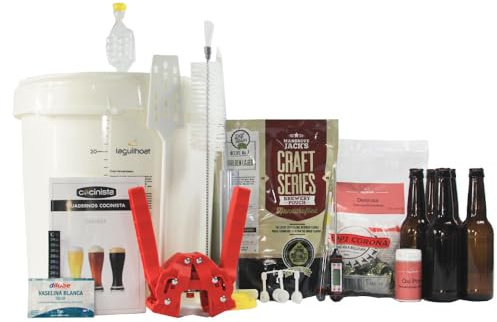Kit completo para hacer cerveza artesanal en casa 30 L con extracto de malta lupulizado, fermentador con grifo, densímetro, chapador y 50 botellas 33 cl