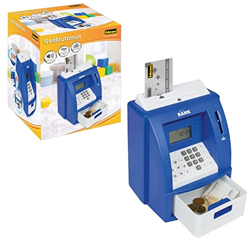 Idena 50060 - Digitale Spardose für Kinder mit Sound, Geldautomat in Blau und Weiß mit kleinem Display, Münzzähler und einer PIN geschützten Kreditkarte