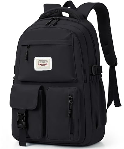 FIORETTO Lightweight School Backpack Womens, Cute School Bag for Teenager Girls, 15.6 Laptop Rucksack Backpack for School Casual Daypacks Travel Backpack for College Work Black 25L