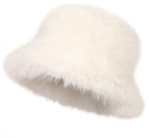 LA CARRIE Women's Fuzzy Wide Brim Faux Fur Bucket Hat Winter Warmer Fisherman Cap(White)