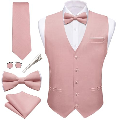 Barry.Wang - Chaleco de traje de lino de hombre, cuello de pico, formal e informal, conjunto de 6 piezas con corbata y pajarita, color liso, para bodas, fiestas y esmoquin., Rosa, XX-Large