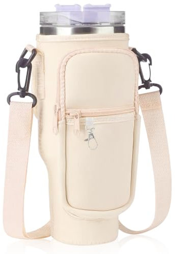 Funmo Bolsa para Stanley Cup, 1,2 L, bolsa para botella con bolsillo para teléfono móvil, asa de transporte, correa de hombro ajustable, mosquetón, Blanco, Bolsa