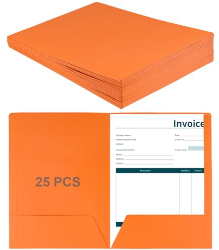 MAKTSAM 25 PCS A4 2 Pocket Folder Presentations, Paper Pocket Folders with Business Card Slot, Orange Square Cut Folders File Organizer for Office, Restaurant, Home